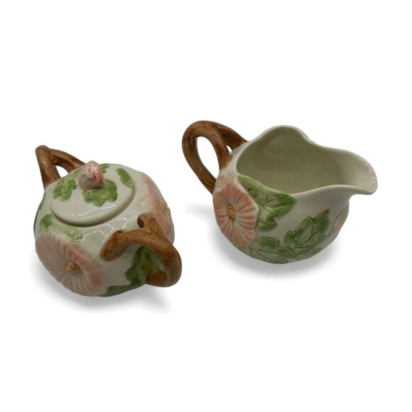 FITZ and FLOYD Hibiscus Floral Sugar and Creamer Set 1987 Vintage - Picture 6 of 11